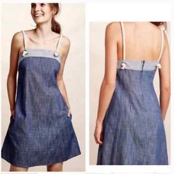 Anthropologie Amadi Mini dress Denim Blue Cream Rope-Strap Pockets Sz XS - Picture 1 of 12